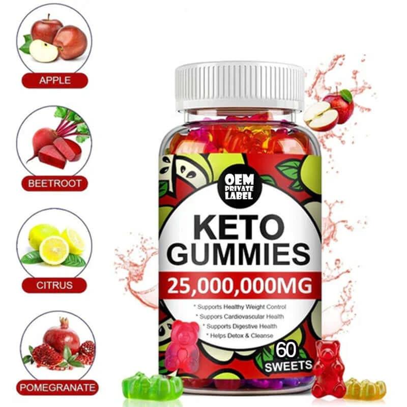 Ketogenic Apple Cider Vinegar Gummy Bears in a colorful bottle highlighting beauty support and keto-friendly benefits.