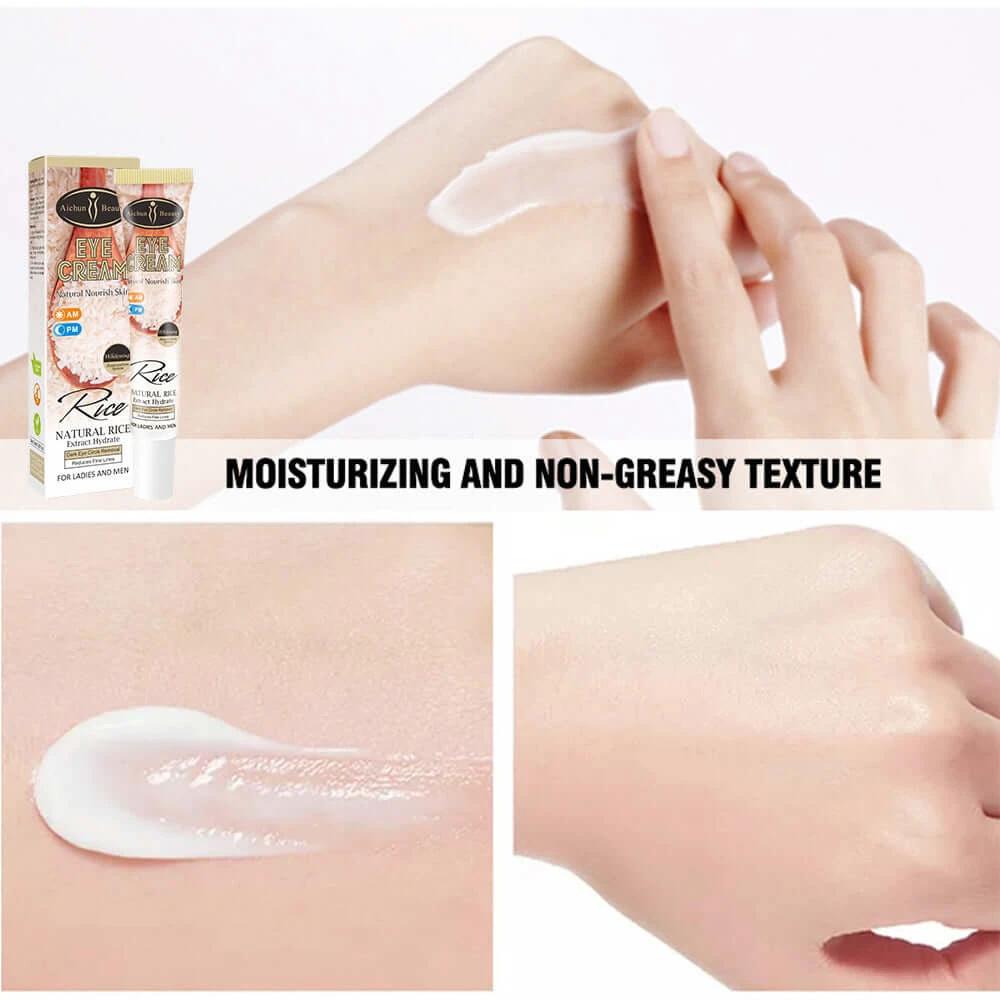 Moisturizing Rice Eye Cream showing non-greasy texture, ideal for brightening eye cream for dark circles and bags.