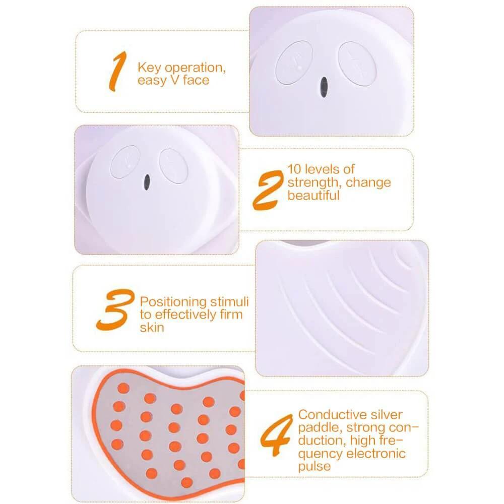 Features of EMS microcurrent facial device showcasing easy operation, strength levels, skin positioning, and conductive paddle.