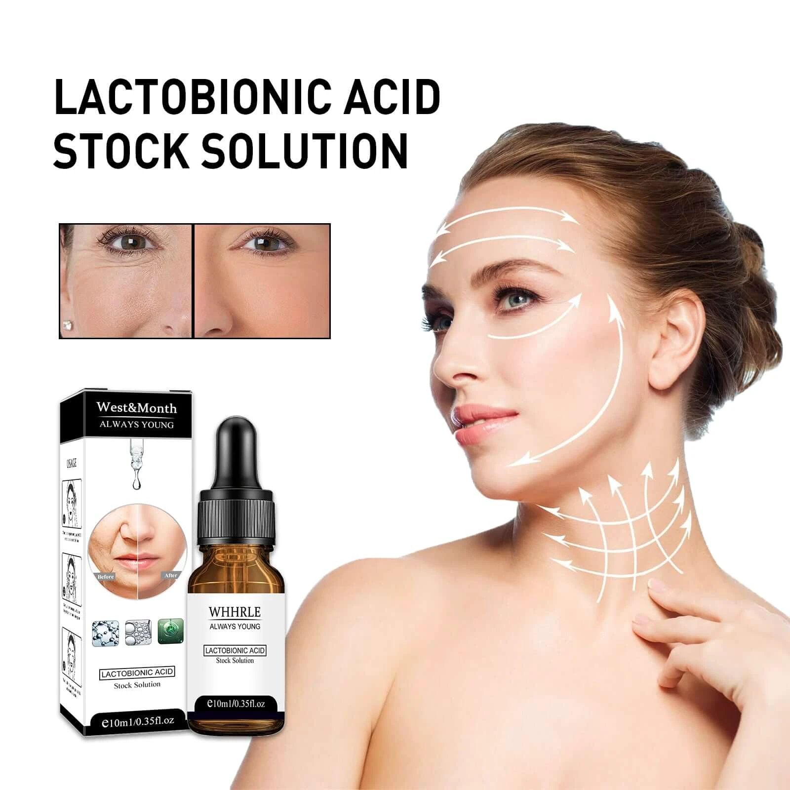 Lactobionic Acid stock solution and advanced hydrating serum for aging skin demonstration on a woman's face.