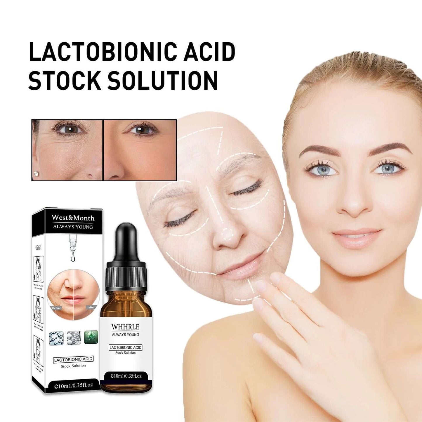 Lactobionic Acid Stock Solution for youthful skin, showing before and after results and application with a radiant model.