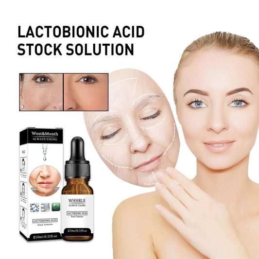 Lactobionic Acid Stock Solution for youthful skin, showing before and after results and application with a radiant model.