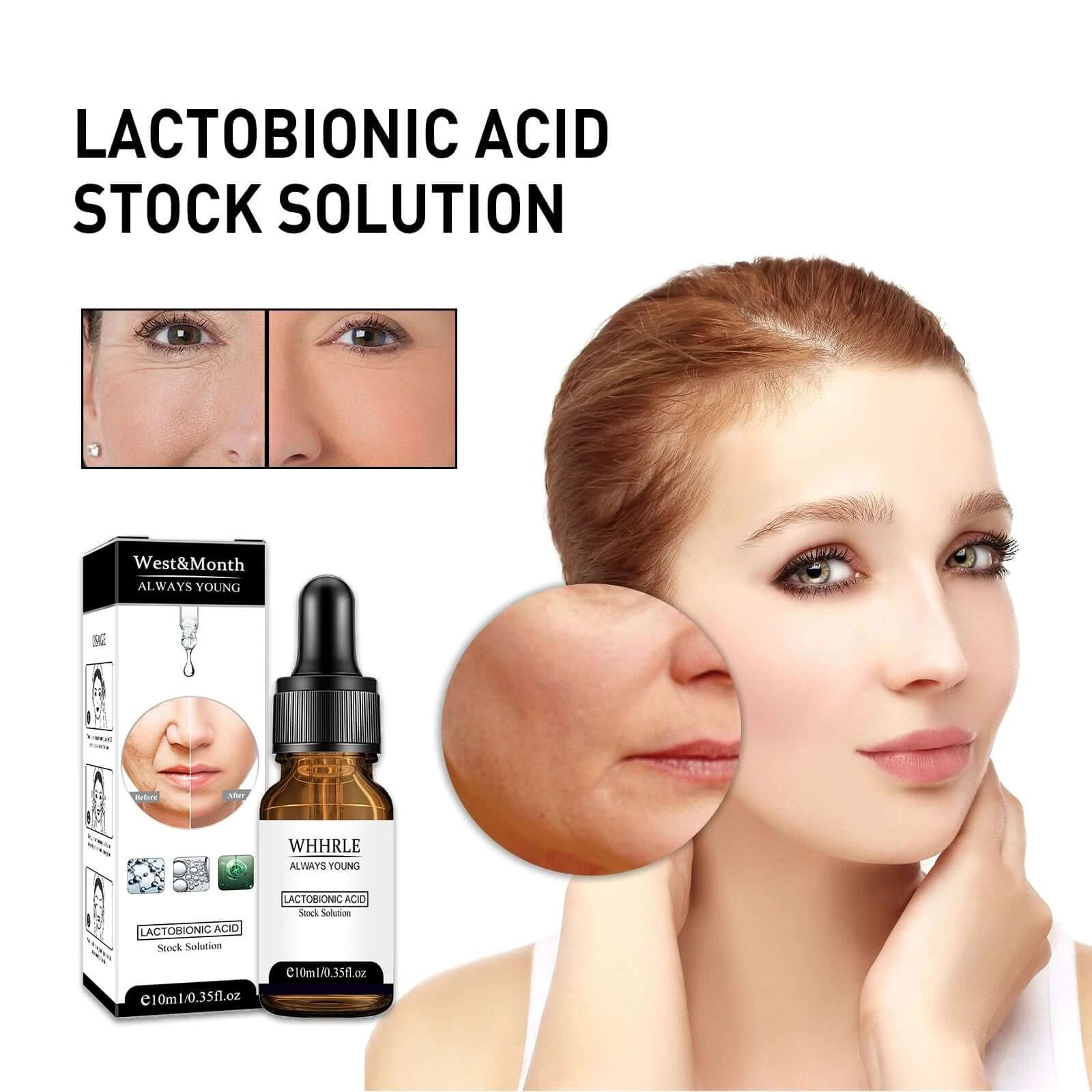 Lactobionic acid stock solution for youthful skin; showcases before and after results of smooth, hydrated complexion.